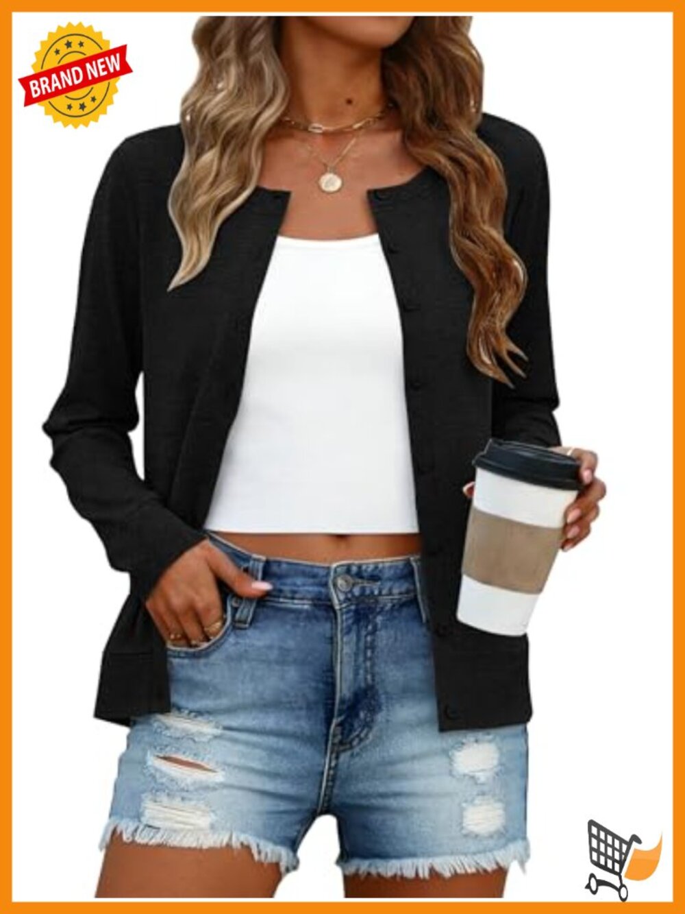 Lightweight Cropped Cardigan Sweater Long Sleeve Button Down Open Front